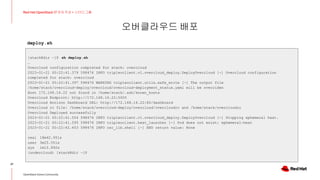 오버클라우드 배포
37
Red Hat OpenStack 17 저자 직강 + 스터디그룹
OpenStack Korea Community
[stack@dir ~]$ sh deploy.sh
…
Overcloud configuration completed for stack: overcloud
2023-01-21 00:22:41.379 598476 INFO tripleoclient.v1.overcloud_deploy.DeployOvercloud [-] Overcloud configuration
completed for stack: overcloud
2023-01-21 00:22:41.397 598476 WARNING tripleoclient.utils.safe_write [-] The output file
/home/stack/overcloud-deploy/overcloud/overcloud-deployment_status.yaml will be overriden
Host 172.168.16.22 not found in /home/stack/.ssh/known_hosts
Overcloud Endpoint: http://172.168.16.22:5000
Overcloud Horizon Dashboard URL: http://172.168.16.22:80/dashboard
Overcloud rc file: /home/stack/overcloud-deploy/overcloud/overcloudrc and /home/stack/overcloudrc
Overcloud Deployed successfully
2023-01-21 00:22:41.554 598476 INFO tripleoclient.v1.overcloud_deploy.DeployOvercloud [-] Stopping ephemeral heat.
2023-01-21 00:22:41.595 598476 INFO tripleoclient.heat_launcher [-] Pod does not exist: ephemeral-heat
2023-01-21 00:22:42.453 598476 INFO osc_lib.shell [-] END return value: None
real 18m42.951s
user 3m25.501s
sys 1m15.892s
(undercloud) [stack@dir ~]$
deploy.sh
 