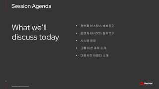 Session Agenda
3
OpenStack Korea Community
What we’ll
discuss today
▸ 첫번째 인스턴스 생성하기
▸ 운영자 대시보드 살펴보기
▸ 시스템 운영
▸ 그룹 미션 과제 소개
▸ 다음시간 아젠다 소개
 
