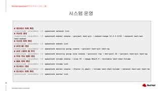 시스템 운영
32
Red Hat OpenStack 17 저자 직강 + 스터디그룹
OpenStack Korea Community
# 네트워크 목록 확인
(overcloud) [stack@dir ~]$ openstack network list
# 서브넷 생성
(overcloud) [stack@dir ~]$ openstack subnet create --project test-pjt --subnet-range 10.2.2.0/24 --network test-net
test-subnet
# 서브넷 목록 확인
(overcloud) [stack@dir ~]$ openstack subnet list
# 보안그룹 생성
(overcloud) [stack@dir ~]$ openstack security group create --project test-pjt test-sg
# 보안 그룹에 룰 추가
(overcloud) [stack@dir ~]$ openstack security group rule create --protocol tcp --dst-port 22 --project test-pjt test-sg
# 부팅 가능 볼륨 생성
(overcloud) [stack@dir ~]$ openstack volume create --size 30 --image Rhel9.0 --bootable test-rhel-volume
# 볼륨 목록 확인
(overcloud) [stack@dir ~]$ openstack volume list
# 인스턴스 생성
(overcloud) [stack@dir ~]$ openstack server create --flavor t1.small --volume test-rhel-volume --network test-net test-vm
# 인스턴스 목록 확인
(overcloud) [stack@dir ~]$ openstack server list
 