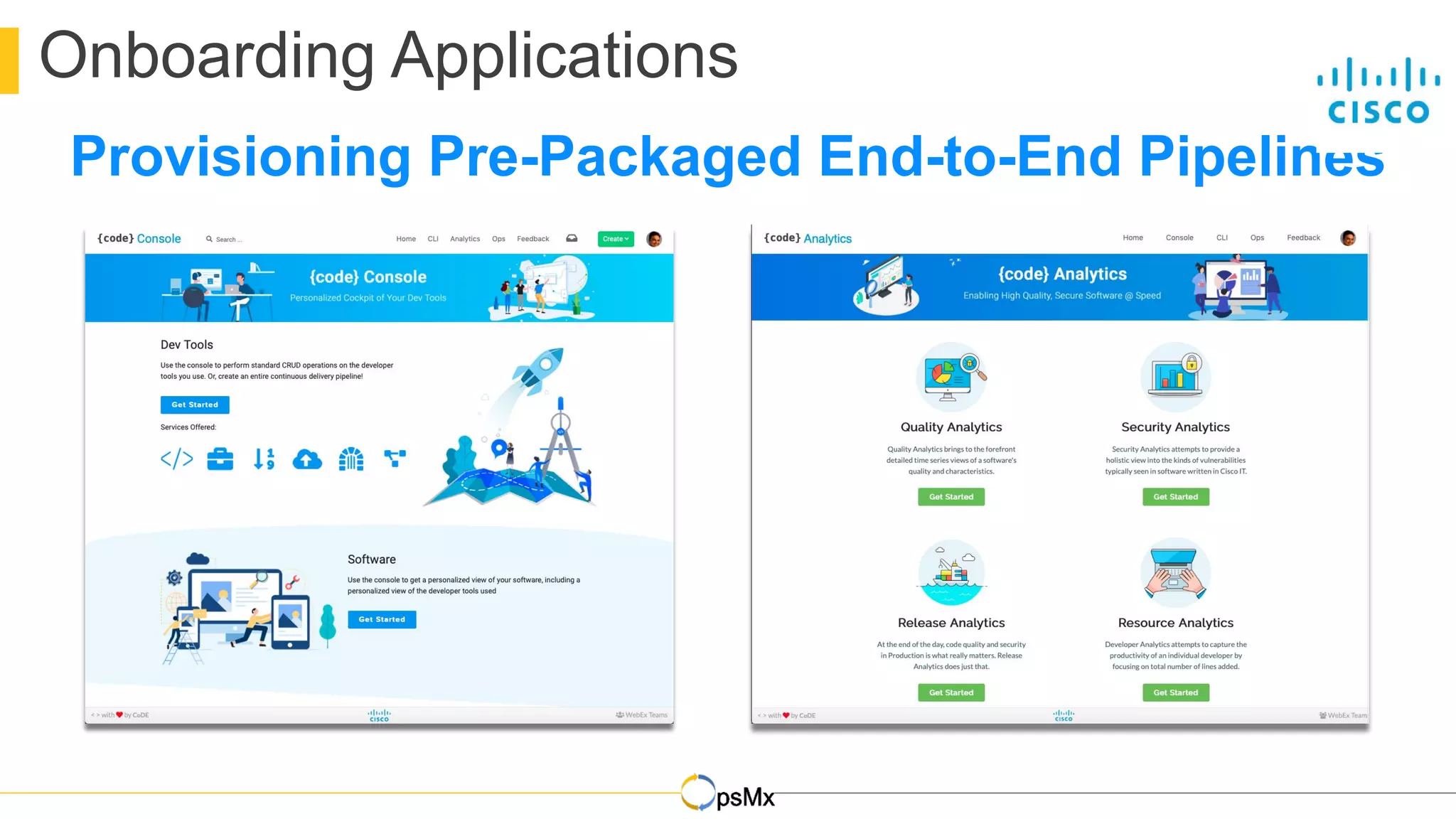 Provisioning Pre-Packaged End-to-End Pipelines
Onboarding Applications
 