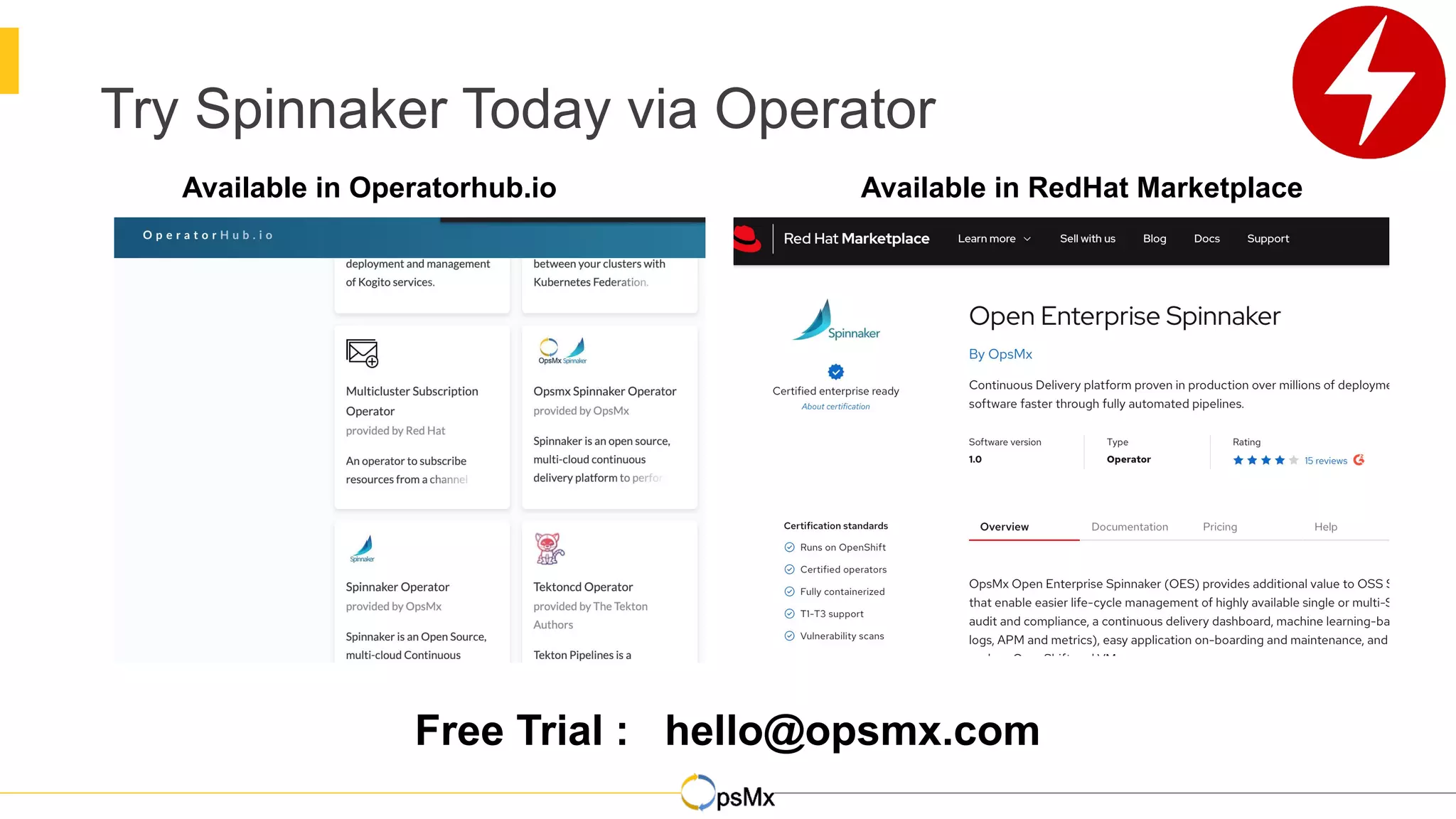 Try Spinnaker Today via Operator
Available in Operatorhub.io Available in RedHat Marketplace
Free Trial : hello@opsmx.com
 