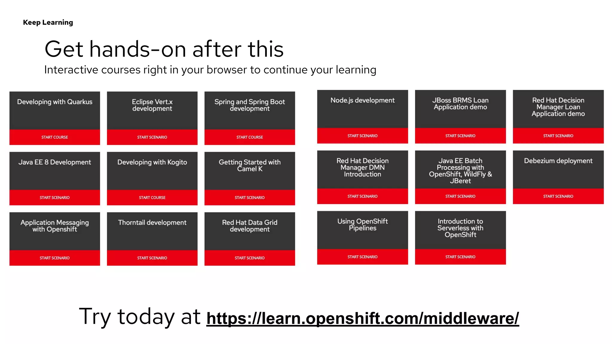 Get hands-on after this
Interactive courses right in your browser to continue your learning
Keep Learning
Try today at https://learn.openshift.com/middleware/
 