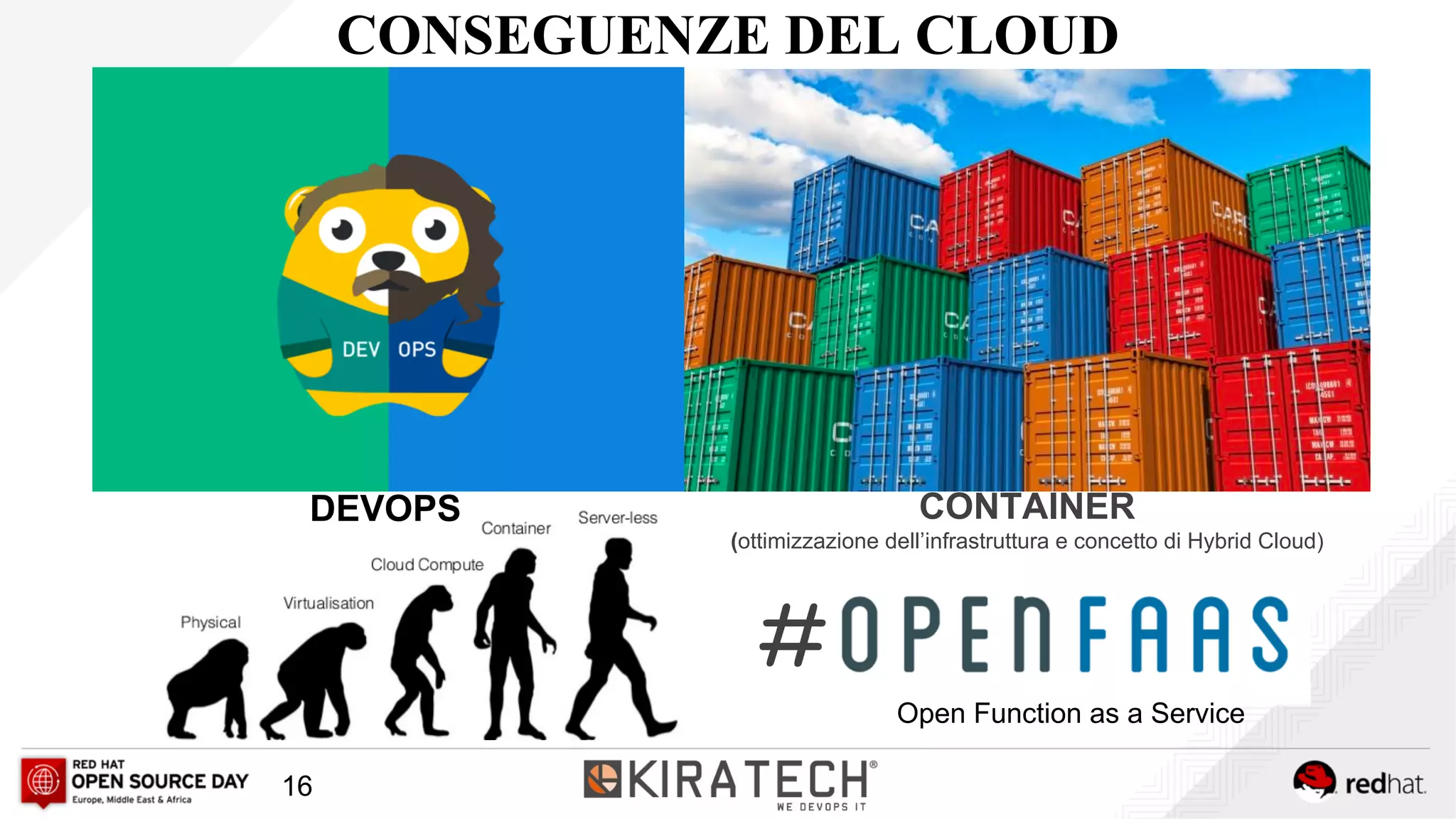 16
CONSEGUENZE DEL CLOUD
CONTAINER
(ottimizzazione dell’infrastruttura e concetto di Hybrid Cloud)
DEVOPS
Open Function as a Service
#
 