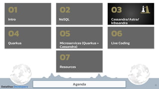 11
Intro
01
Agenda
NoSQL
02
Cassandra/Astra/
k8ssandra
03
Microservices (Quarkus +
Cassandra)
05
Live Coding
06
Resources
07
Quarkus
04
 