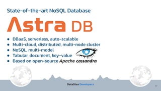 State-of-the-art NoSQL Database
17
● DBaaS, serverless, auto-scalable
● Multi-cloud, distributed, multi-node cluster
● NoSQL, multi-model
● Tabular, document, key-value
● Based on open-source Apache
 