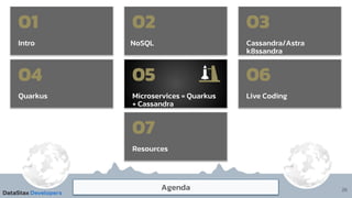 26
Intro
01
Agenda
NoSQL
02
Cassandra/Astra
k8ssandra
03
Microservices = Quarkus
+ Cassandra
05
Live Coding
06
Resources
07
Quarkus
04
 