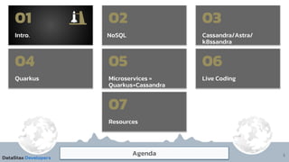 3
Intro.
01
Agenda
NoSQL
02
Cassandra/Astra/
k8ssandra
03
Microservices =
Quarkus+Cassandra
05
Live Coding
06
Resources
07
Quarkus
04
 