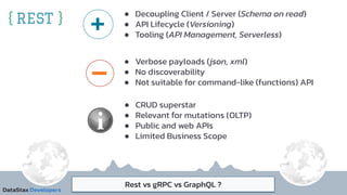 Rest vs gRPC vs GraphQL ?
● Decoupling Client / Server (Schema on read)
● API Lifecycle (Versioning)
● Tooling (API Management, Serverless)
● Verbose payloads (json, xml)
● No discoverability
● Not suitable for command-like (functions) API
● CRUD superstar
● Relevant for mutations (OLTP)
● Public and web APIs
● Limited Business Scope
+
-
 