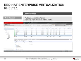 RED HAT ENTERPRISE VIRTUALIZATION
RHEV 3.1
            User Interface

Web Admin   - Full support for Web Admin
            - Remove .NET Windows Admin Portal




19            RED HAT ENTERPRISE VIRTUALIZATION Update | Syed M Shaaf
 