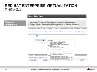 RED HAT ENTERPRISE VIRTUALIZATION
RHEV 3.1
              User Interface

Reports       - Integrate Reports / Dashboard into web admin portal
Integration   - Single Signon between Admin portal and Jasper Reports




22              RED HAT ENTERPRISE VIRTUALIZATION Update | Syed M Shaaf
 