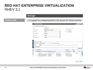 RED HAT ENTERPRISE VIRTUALIZATION
RHEV 3.1
             Storage

Direct LUN   - UI support for configuring direct LUN access for virtual machine




25             RED HAT ENTERPRISE VIRTUALIZATION Update | Syed M Shaaf
 
