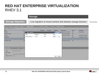 RED HAT ENTERPRISE VIRTUALIZATION
RHEV 3.1
                    Storage

Storage Migration   - Live migration of virtual machine disk between storage domains   Tech Preview




26                    RED HAT ENTERPRISE VIRTUALIZATION Update | Syed M Shaaf
 