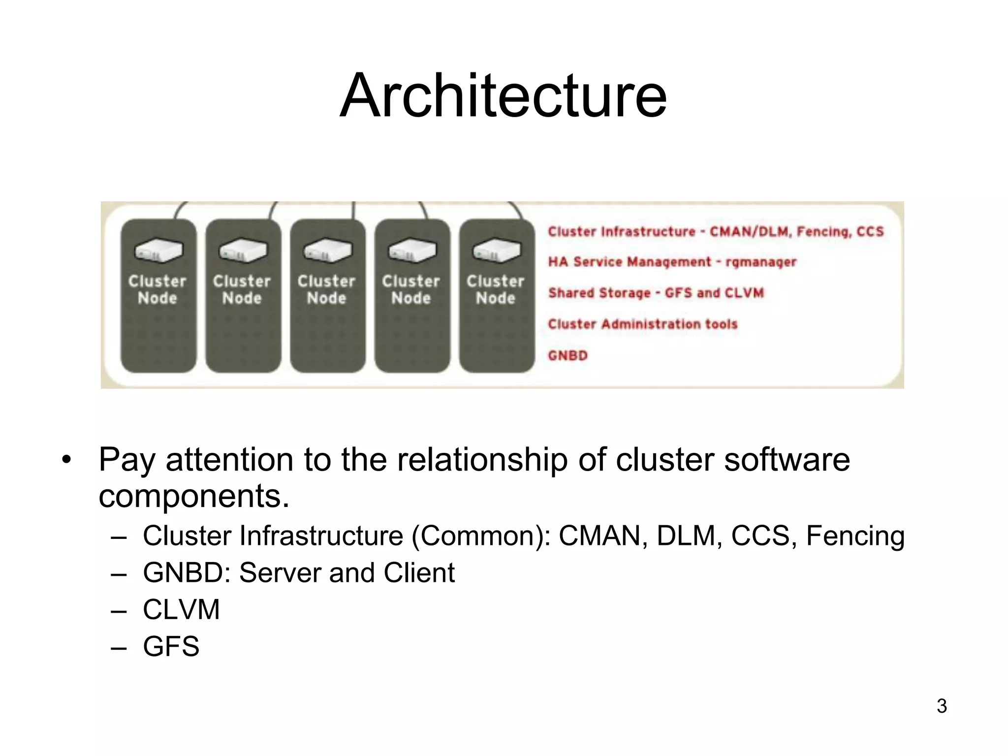 Architecture




• Pay attention to the relationship of cluster software
  components.
   –   Cluster Infrastructure (Common): CMAN, DLM, CCS, Fencing
   –   GNBD: Server and Client
   –   CLVM
   –   GFS

                                                                  3
 