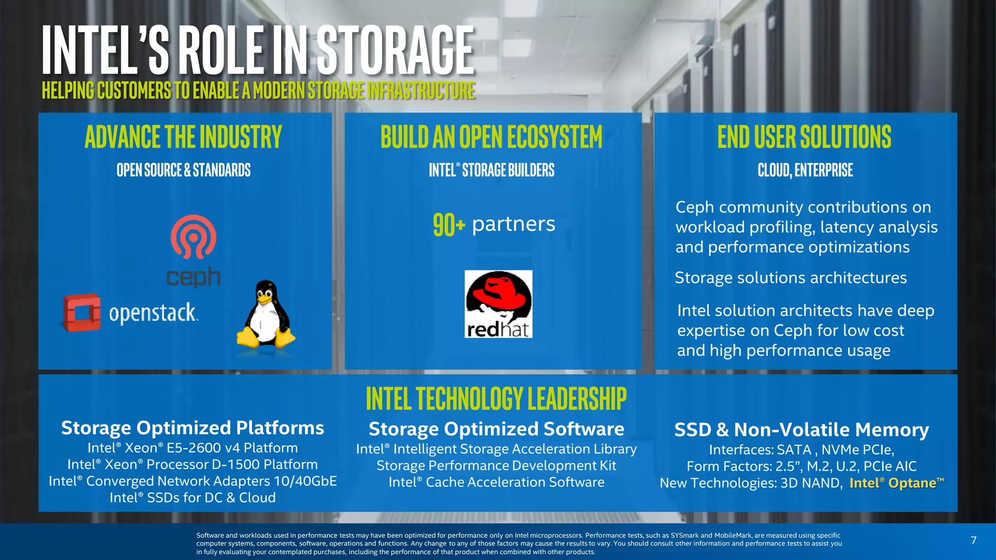 7
Intel’sroleinstorage
AdvancetheIndustry
OpenSource&Standards
BuildanOpenEcosystem
Intel®StorageBuilders
Endusersolutions
Cloud,Enterprise
IntelTechnologyLeadership
Storage Optimized Platforms
Intel® Xeon® E5-2600 v4 Platform
Intel® Xeon® Processor D-1500 Platform
Intel® Converged Network Adapters 10/40GbE
Intel® SSDs for DC & Cloud
Storage Optimized Software
Intel® Intelligent Storage Acceleration Library
Storage Performance Development Kit
Intel® Cache Acceleration Software
SSD & Non-Volatile Memory
Interfaces: SATA , NVMe PCIe,
Form Factors: 2.5”, M.2, U.2, PCIe AIC
New Technologies: 3D NAND, Intel® Optane™
Ceph community contributions on
workload profiling, latency analysis
and performance optimizations
90+ partners
Software and workloads used in performance tests may have been optimized for performance only on Intel microprocessors. Performance tests, such as SYSmark and MobileMark, are measured using specific
computer systems, components, software, operations and functions. Any change to any of those factors may cause the results to vary. You should consult other information and performance tests to assist you
in fully evaluating your contemplated purchases, including the performance of that product when combined with other products.
Storage solutions architectures
Intel solution architects have deep
expertise on Ceph for low cost
and high performance usage
helpingcustomerstoenableamodernstorageinfrastructure
 
