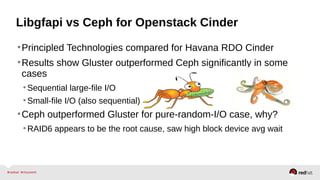 Libgfapi vs Ceph for Openstack Cinder
•Principled Technologies compared for Havana RDO Cinder
•Results show Gluster outperformed Ceph significantly in some
cases
•Sequential large-file I/O
•Small-file I/O (also sequential)
•Ceph outperformed Gluster for pure-random-I/O case, why?
•RAID6 appears to be the root cause, saw high block device avg wait
 