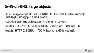 Swift-on-RHS: large objects
•No tuning except 10-GbE, 2 NICs, MTU=9000 (jumbo frames),
rhs-high-throughput tuned profile
•150-MB average object size, 4 clients, 8 servers
•writes: HTTP 1.6 GB/sec = 400 MB/sec/client, 30% net. util
•reads: HTTP 2.8 GB/s = 700 MB/s/client, 60% net. util.
 