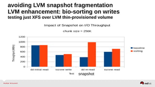 avoiding LVM snapshot fragmentation
LVM enhancement: bio-sorting on writes
testing just XFS over LVM thin-provisioned volume
snapshot
 