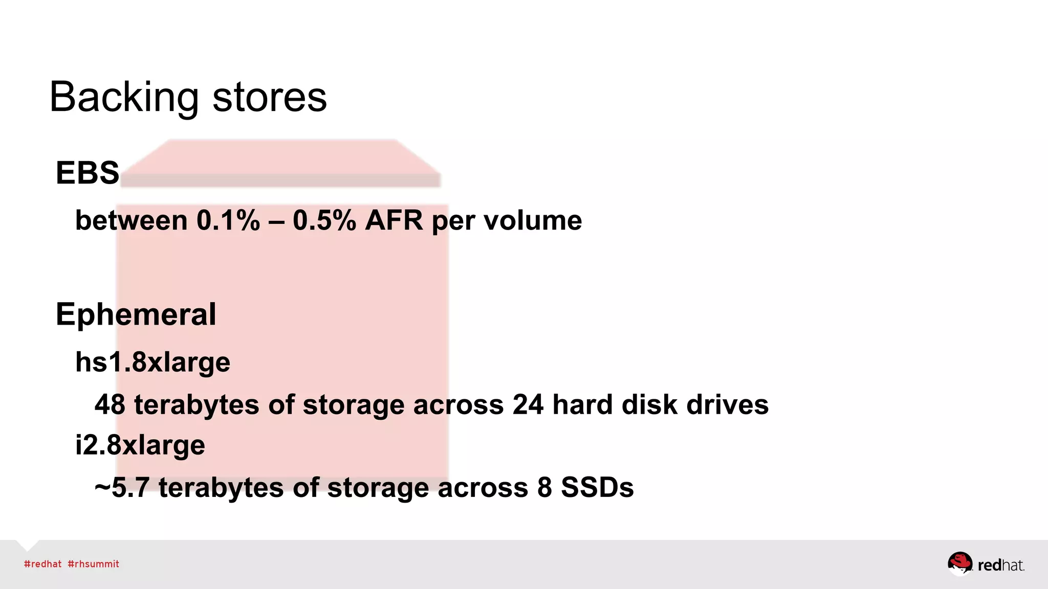 Backing stores
EBS
between 0.1% – 0.5% AFR per volume
Ephemeral
hs1.8xlarge
48 terabytes of storage across 24 hard disk drives
i2.8xlarge
~5.7 terabytes of storage across 8 SSDs
 