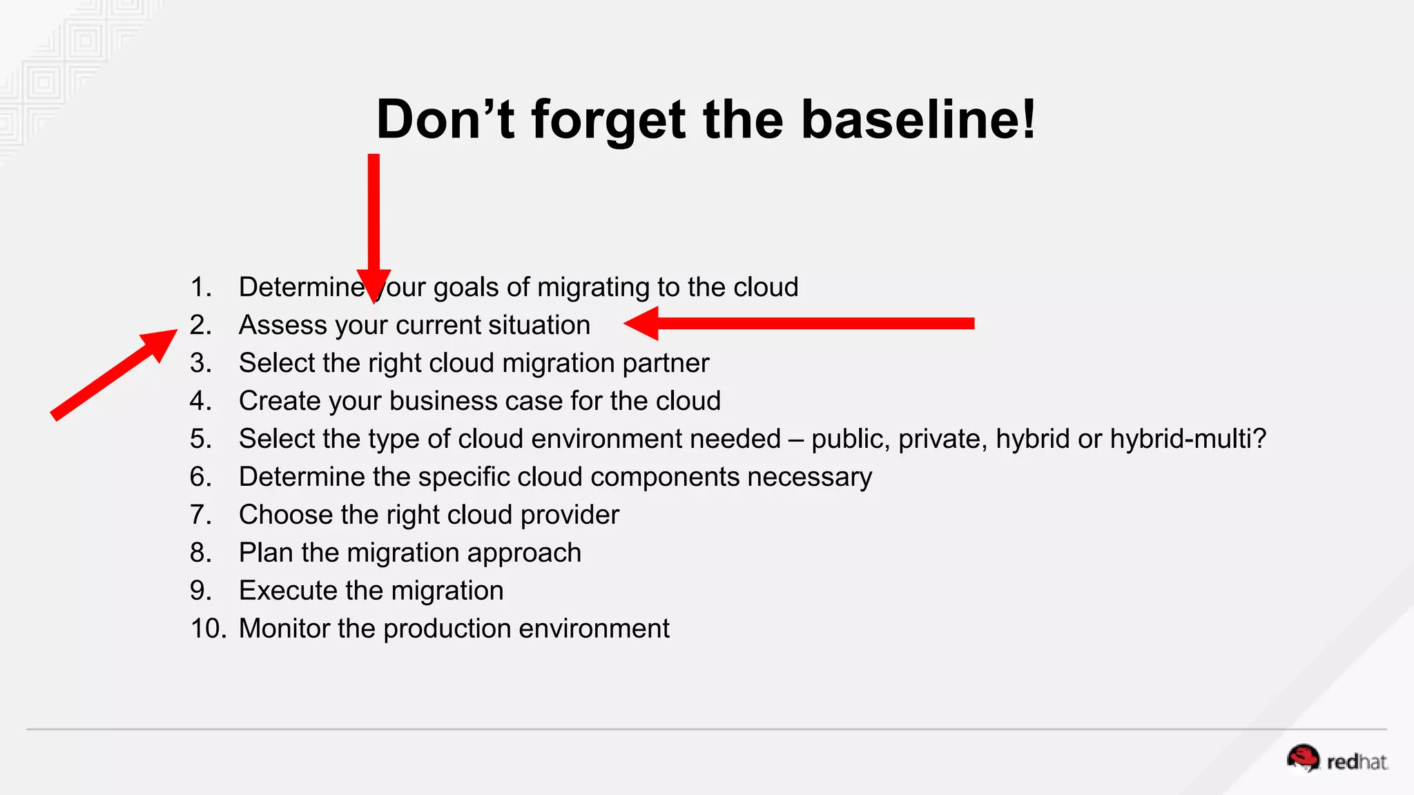 1. Determine your goals of migrating to the cloud
2. Assess your current situation
3. Select the right cloud migration partner
4. Create your business case for the cloud
5. Select the type of cloud environment needed – public, private, hybrid or hybrid-multi?
6. Determine the specific cloud components necessary
7. Choose the right cloud provider
8. Plan the migration approach
9. Execute the migration
10. Monitor the production environment
Don’t forget the baseline!
 