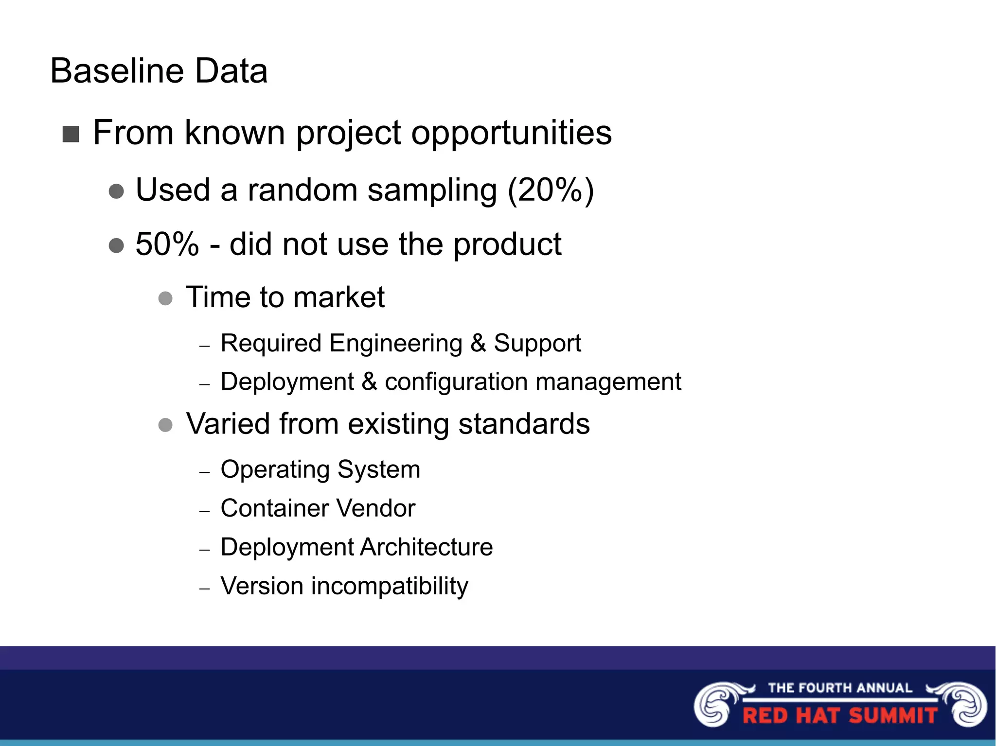 Baseline Data
n From known project opportunities
l Used a random sampling (20%)
l 50% - did not use the product
l Time to market
- Required Engineering & Support
- Deployment & configuration management
l Varied from existing standards
- Operating System
- Container Vendor
- Deployment Architecture
- Version incompatibility
 