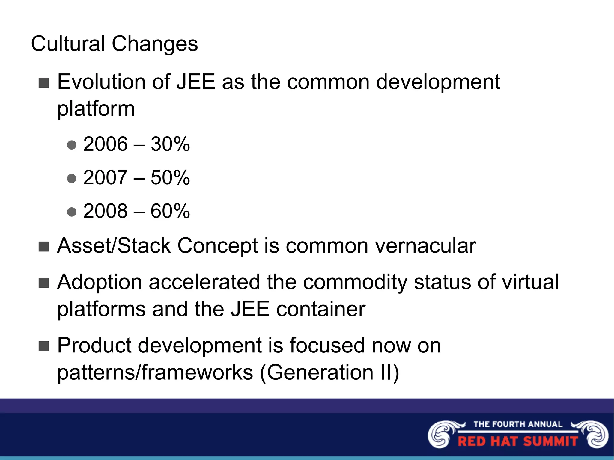 Cultural Changes
n Evolution of JEE as the common development
platform
l 2006 – 30%
l 2007 – 50%
l 2008 – 60%
n Asset/Stack Concept is common vernacular
n Adoption accelerated the commodity status of virtual
platforms and the JEE container
n Product development is focused now on
patterns/frameworks (Generation II)
 