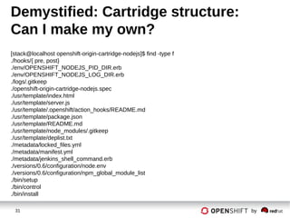 31 by
[stack@localhost openshift-origin-cartridge-nodejs]$ find -type f
./hooks/{ pre, post}
./env/OPENSHIFT_NODEJS_PID_DIR.erb
./env/OPENSHIFT_NODEJS_LOG_DIR.erb
./logs/.gitkeep
./openshift-origin-cartridge-nodejs.spec
./usr/template/index.html
./usr/template/server.js
./usr/template/.openshift/action_hooks/README.md
./usr/template/package.json
./usr/template/README.md
./usr/template/node_modules/.gitkeep
./usr/template/deplist.txt
./metadata/locked_files.yml
./metadata/manifest.yml
./metadata/jenkins_shell_command.erb
./versions/0.6/configuration/node.env
./versions/0.6/configuration/npm_global_module_list
./bin/setup
./bin/control
./bin/install
Demystified: Cartridge structure:
Can I make my own?
 