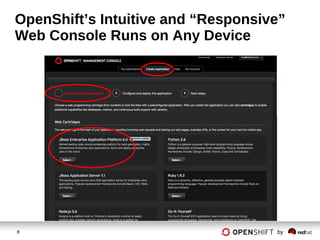 8 by
OpenShift’s Intuitive and “Responsive”
Web Console Runs on Any Device
 
