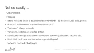 Not so easily…
• Organization
• Process
• It take weeks to create a development environment? Too much cost, red tape, politics
• Non-prod environments are so different than prod?
• Tests aren’t always accurate
• Versioning, updates are way too difficult
• Developers can’t get easy access to backend services (databases, security, etc.)
• Hard it is to build new and innovative apps at #dayjob?
• Software Defined Challenges
 