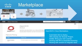 Marketplace
OpenShift In Cisco Marketplace.
Automated click to deploy.
VM’s directly into Tenants’ Project.
Initially ‘Bring your own License’.
Working with RH to streamline licensing.
Working with vendors to integrate value.
 