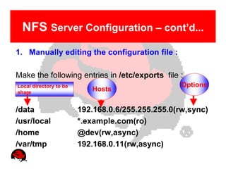 NFS Server Configuration – cont’d...
1. Manually editing the configuration file :

Make the following entries in /etc/exports file :
Local directory to be                              Options
share
                           Hosts


/data                   192.168.0.6/255.255.255.0(rw,sync)
/usr/local              *.example.com(ro)
/home                   @dev(rw,async)
/var/tmp                192.168.0.11(rw,async)
 