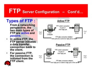 FTP Server Configuration   – Cont’d…

Types of FTP :
  From a networking
  perspective, the
  two main types of
  FTP are active and
  passive.
• In active FTP, the
  FTP server initiates
  a data transfer
  connection back to
  the client.
• For passive FTP,
  the connection is
  initiated from the
  FTP client.
 