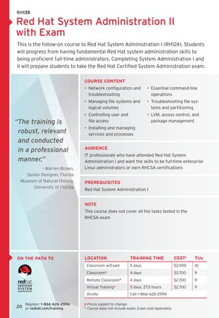 RH135

Red Hat System Administration II
with Exam
This is the follow-on course to Red Hat System Administration I (RH124). Students
will progress from having fundamental Red Hat system administration skills to
being proficient full-time administrators. Completing System Administration I and
II will prepare students to take the Red Hat Certified System Administration exam.

                                 COURSE CONTENT
                                 •  Network configuration and           •  Essential command-line
                                    troubleshooting                        operations
                                 •  Managing file systems and           •  Troubleshooting file sys-
                                    logical volumes                        tems and partitioning
                                 •  Controlling user and 	              •  LVM, access control, and
“ he training is
 T                                  file access                            package management
                                 •  Installing and managing
 robust, relevant                   services and processes
 and conducted
                                 Audience
 in a professional
                                 IT professionals who have attended Red Hat System 	
 manner.”                        Administration I and want the skills to be full-time enterprise
           – Warren Brown,	      Linux administrators or earn RHCSA certifications
    Senior Designer, Florida
  Museum of Natural History,     Prerequisites
       University of Florida
                                 Red Hat System Administration I


                                 note
                                 This course does not cover all the tasks tested in the 	
                                 RHCSA exam




on the path to                   LOCATION                    TRAINING TIME                 COST‡    TUs
                                  Classroom w/Exam           5 days                        $2,900   10
                                  Classroom*                 4 days                        $2,700   9
                                  Remote Classroom*          4 days                        $2,700   9
                                  Virtual Training*          5 days, 27.5 hours            $2,700   9
                                  Onsite                     Call 1–866–626–2994

    Register: 1–866–626–2994 	   ‡	 rices subject to change.	
                                    P
20 or redhat.com/training        *	  ourse does not include exam. Exam sold separately.
                                    C
 