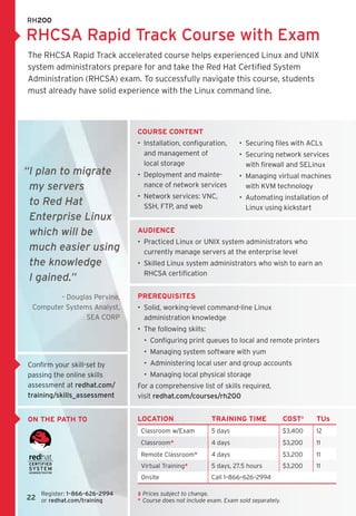 RH200

RHCSA Rapid Track Course with Exam
The RHCSA Rapid Track accelerated course helps experienced Linux and UNIX
system administrators prepare for and take the Red Hat Certified System
Administration (RHCSA) exam. To successfully navigate this course, students 	
must already have solid experience with the Linux command line.



                                 COURSE CONTENT
                                 •  Installation, configuration,        •  Securing files with ACLs
                                    and management of 	                 •  Securing network services
                                    local storage                          with firewall and SELinux
“ plan to migrate
 I                               •  Deployment and mainte-              •  Managing virtual machines
 my servers                         nance of network services              with KVM technology
                                 •  Network services: VNC,              •  Automating installation of
 to Red Hat                         SSH, FTP, and web                      Linux using kickstart
 Enterprise Linux
 which will be                   Audience
                                 •  Practiced Linux or UNIX system administrators who 	
 much easier using                 currently manage servers at the enterprise level
 the knowledge                  •  Skilled Linux system administrators who wish to earn an
                                    RHCSA certification
 I gained.”
        – Douglas Pervine,	      Prerequisites
 Computer Systems Analyst,       •  Solid, working-level command-line Linux 	
                SEA CORP            administration knowledge
                                 •  The following skills:
                                   •  Configuring print queues to local and remote printers
                                   •  Managing system software with yum
Confirm your skill-set by          •  Administering local user and group accounts
passing the online skills          •  Managing local physical storage
assessment at redhat.com/        For a comprehensive list of skills required, 	
training/skills_assessment       visit redhat.com/courses/rh200


on the path to                   LOCATION                    TRAINING TIME                 COST‡    TUs
                                  Classroom w/Exam           5 days                        $3,400   12
                                  Classroom*                 4 days                        $3,200   11
                                  Remote Classroom*          4 days                        $3,200   11
                                  Virtual Training*          5 days, 27.5 hours            $3,200   11
                                  Onsite                     Call 1–866–626–2994

    Register: 1–866–626–2994 	   ‡	 rices subject to change.	
                                    P
22 or redhat.com/training        *	  ourse does not include exam. Exam sold separately.
                                    C
 