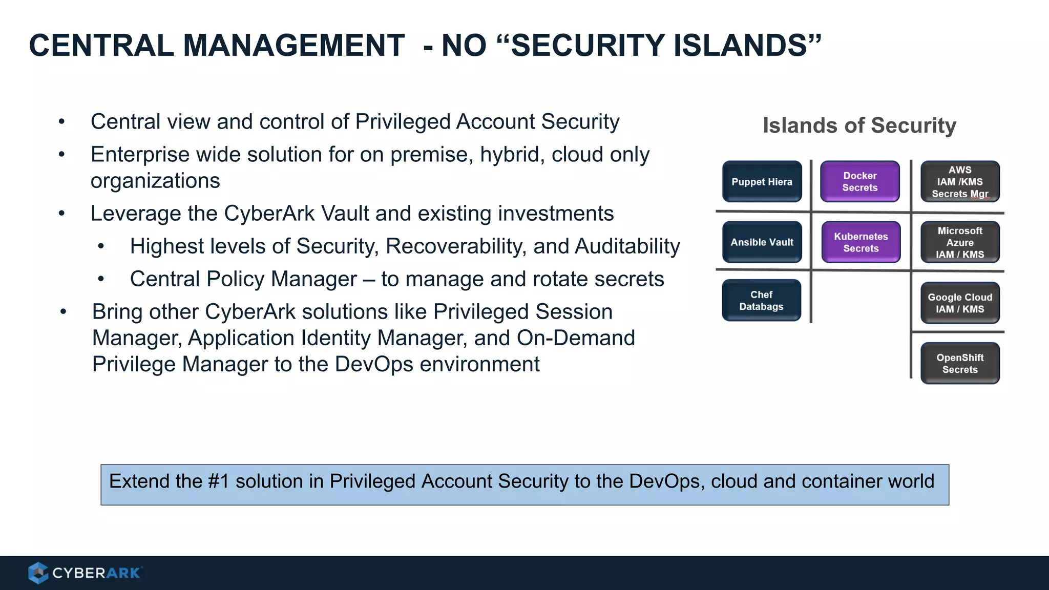 CENTRAL MANAGEMENT - NO “SECURITY ISLANDS”
• Central view and control of Privileged Account Security
• Enterprise wide solution for on premise, hybrid, cloud only
organizations
• Leverage the CyberArk Vault and existing investments
• Highest levels of Security, Recoverability, and Auditability
• Central Policy Manager – to manage and rotate secrets
• Bring other CyberArk solutions like Privileged Session
Manager, Application Identity Manager, and On-Demand
Privilege Manager to the DevOps environment
Islands of Security
Extend the #1 solution in Privileged Account Security to the DevOps, cloud and container world
 