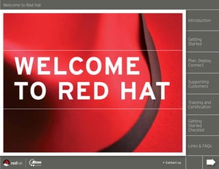 Welcome to Red Hat


                                    Introduction



                                    Getting
                                    Started




    Welcome
                                    Plan, Deploy,
                                    Connect




    to red Hat
                                    Supporting
                                    Customers


                                    Training and
                                    Certification


                                    Getting
                                    Started
                                    Checklist


                                    Links & FAQs


                     4Contact us.
 