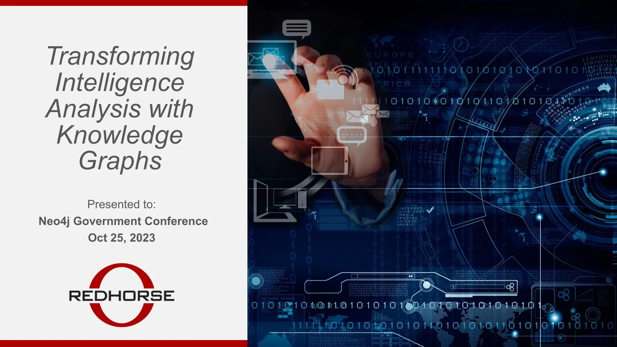 Transforming
Intelligence
Analysis with
Knowledge
Graphs
Presented to:
Neo4j Government Conference
Oct 25, 2023
 