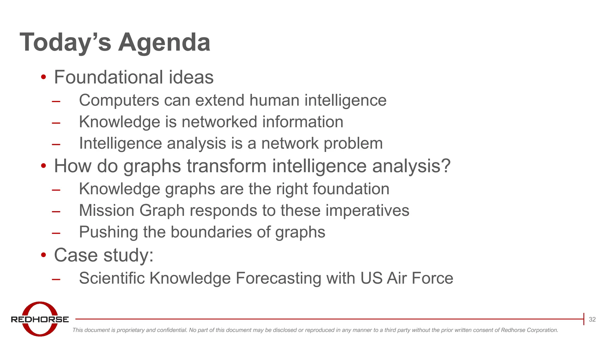 This document is proprietary and confidential. No part of this document may be disclosed or reproduced in any manner to a third party without the prior written consent of Redhorse Corporation.
• Foundational ideas
̶ Computers can extend human intelligence
̶ Knowledge is networked information
̶ Intelligence analysis is a network problem
• How do graphs transform intelligence analysis?
̶ Knowledge graphs are the right foundation
̶ Mission Graph responds to these imperatives
̶ Pushing the boundaries of graphs
• Case study:
̶ Scientific Knowledge Forecasting with US Air Force
Today’s Agenda
32
 