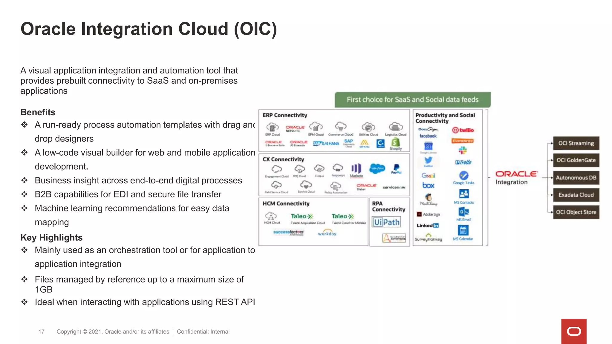 Oracle Integration Cloud (OIC)
Copyright © 2021, Oracle and/or its affiliates | Confidential: Internal
17
A visual application integration and automation tool that
provides prebuilt connectivity to SaaS and on-premises
applications
Benefits
 A run-ready process automation templates with drag and
drop designers
 A low-code visual builder for web and mobile application
development.
 Business insight across end-to-end digital processes
 B2B capabilities for EDI and secure file transfer
 Machine learning recommendations for easy data
mapping
Key Highlights
 Mainly used as an orchestration tool or for application to
application integration
 Files managed by reference up to a maximum size of
1GB
 Ideal when interacting with applications using REST API
 