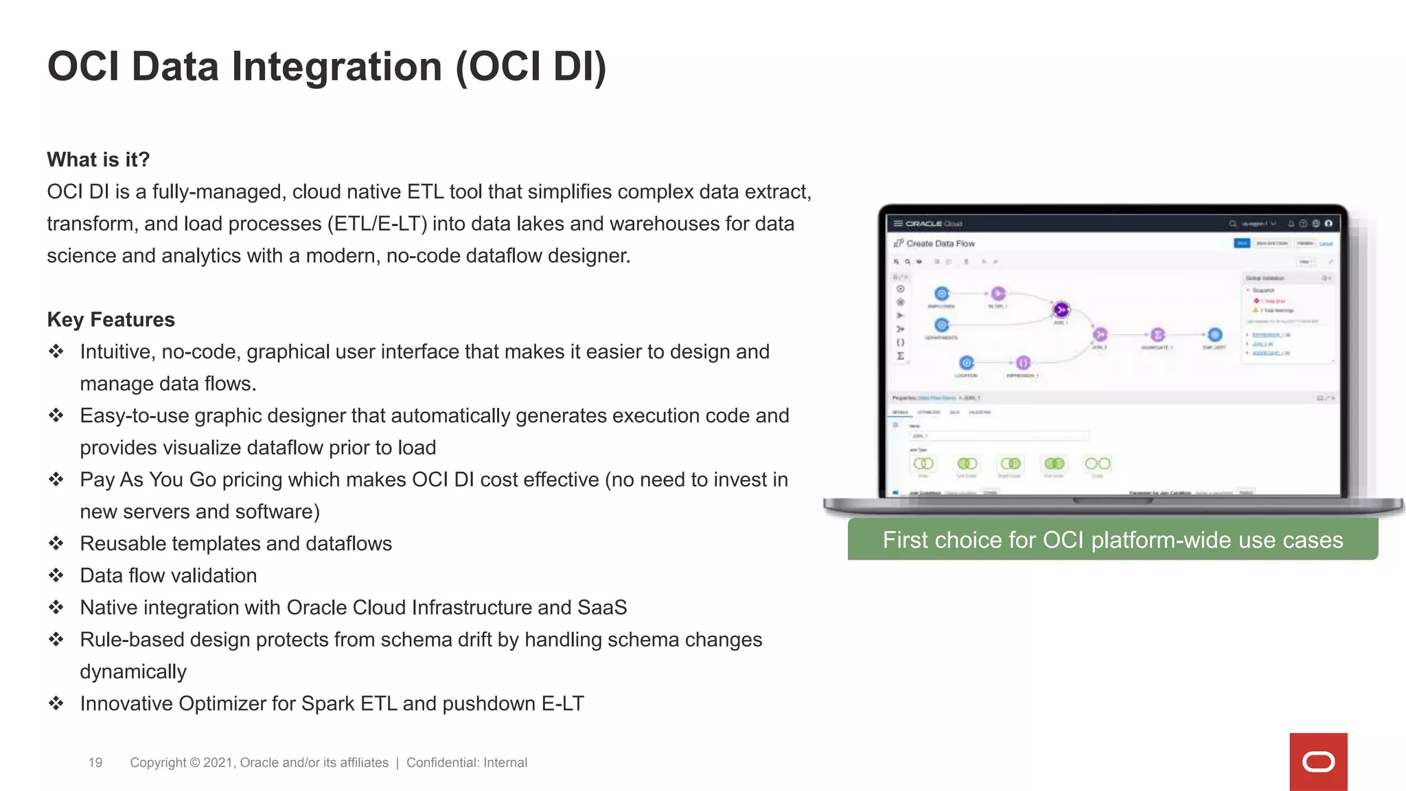 OCI Data Integration (OCI DI)
Copyright © 2021, Oracle and/or its affiliates | Confidential: Internal
19
First choice for OCI platform-wide use cases
What is it?
OCI DI is a fully-managed, cloud native ETL tool that simplifies complex data extract,
transform, and load processes (ETL/E-LT) into data lakes and warehouses for data
science and analytics with a modern, no-code dataflow designer.
Key Features
 Intuitive, no-code, graphical user interface that makes it easier to design and
manage data flows.
 Easy-to-use graphic designer that automatically generates execution code and
provides visualize dataflow prior to load
 Pay As You Go pricing which makes OCI DI cost effective (no need to invest in
new servers and software)
 Reusable templates and dataflows
 Data flow validation
 Native integration with Oracle Cloud Infrastructure and SaaS
 Rule-based design protects from schema drift by handling schema changes
dynamically
 Innovative Optimizer for Spark ETL and pushdown E-LT
 