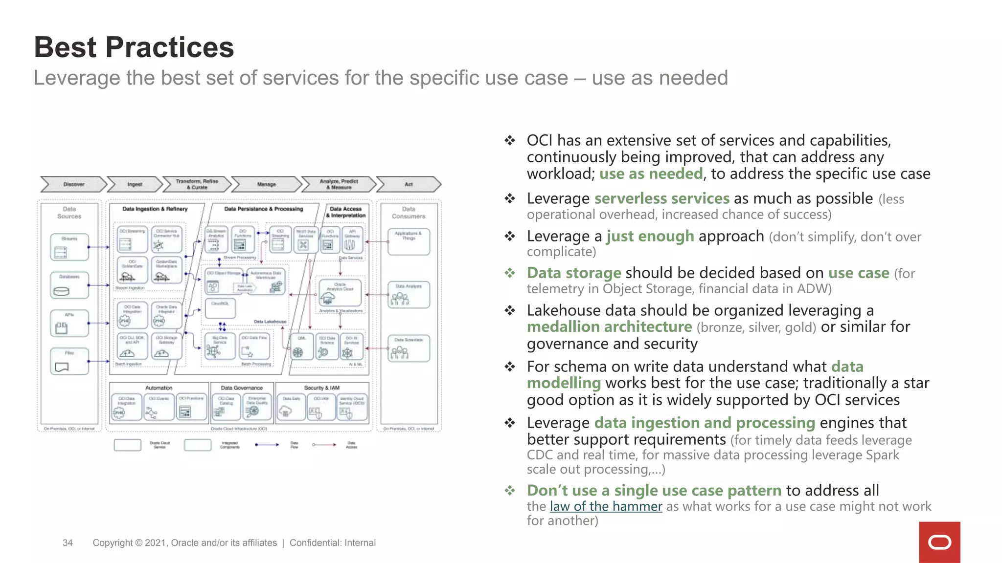 Best Practices
Copyright © 2021, Oracle and/or its affiliates | Confidential: Internal
34
Leverage the best set of services for the specific use case – use as needed
 OCI has an extensive set of services and capabilities,
continuously being improved, that can address any
workload; use as needed, to address the specific use case
 Leverage serverless services as much as possible (less
operational overhead, increased chance of success)
 Leverage a just enough approach (don’t simplify, don’t over
complicate)
 Data storage should be decided based on use case (for
telemetry in Object Storage, financial data in ADW)
 Lakehouse data should be organized leveraging a
medallion architecture (bronze, silver, gold) or similar for
governance and security
 For schema on write data understand what data
modelling works best for the use case; traditionally a star
good option as it is widely supported by OCI services
 Leverage data ingestion and processing engines that
better support requirements (for timely data feeds leverage
CDC and real time, for massive data processing leverage Spark
scale out processing,…)
 Don’t use a single use case pattern to address all
the law of the hammer as what works for a use case might not work
for another)
 