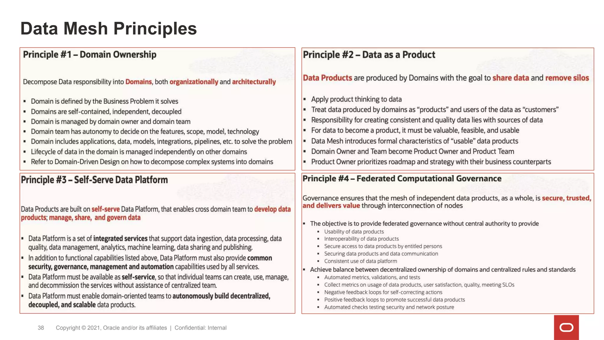 Data Mesh Principles
Copyright © 2021, Oracle and/or its affiliates | Confidential: Internal
38
• Enterprise Data integration platform for a more strategic approach to DWH
• High performance for bulk load
• Data transformation happens at the same time as the load
• Supports the use of process design through workflows and email
notifications and scheduling
• Native integration with Fusion SaaS and Oracle Databases (ADB, DBaaS,
on-prem DBs…) and many other source systems.
• Native Integration with 50+ target data store (Cloud or on-prem), including
Azure SQL, Snowflake
• Data Movements are happening within the Oracle Network when using
 