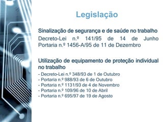 Legislação
Sinalização de segurança e de saúde no trabalho
Decreto-Lei n.º 141/95 de 14 de Junho
Portaria n.º 1456-A/95 de 11 de Dezembro

Utilização de equipamento de proteção individual
no trabalho
- Decreto-Lei n.º 348/93 de 1 de Outubro
- Portaria n.º 988/93 de 6 de Outubro
- Portaria n.º 1131/93 de 4 de Novembro
- Portaria n.º 109/96 de 10 de Abril
- Portaria n.º 695/97 de 19 de Agosto
 