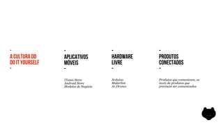 -                -                    -           -
A CULTURA DO     APLICATIVOS          HARDWARE    PRODUTOS
DO IT YOURSELF   MÓVEIS               LIVRE       CONECTADOS
-                -                    -           -
                 iTunes Store         Arduino     Produtos que comunicam, os
                 Android Store        Makerbot    invés de produtos que
                 Modelos de Negócio   Ar.Drones   precisam ser comunicados
 