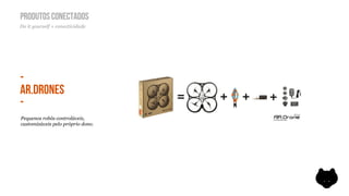 PRODUTOS CONECTADOS
Do it yourself + conectividade




-
AR.DRONES
-
Pequenos robôs controláveis,
customizáveis pelo próprio dono.
 