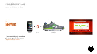 PRODUTOS CONECTADOS
Sensores Humanos em Rede




-
NIKEPLUS
-

Uma comunidade de corredores
formada a partir de sensores.
O produto é um sensor.
 