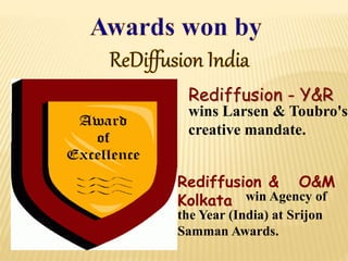 Rediffusion - Y&R
wins Larsen & Toubro's
creative mandate.
Rediffusion & O&M
Kolkata win Agency of
the Year (India) at Srijon
Samman Awards.
 