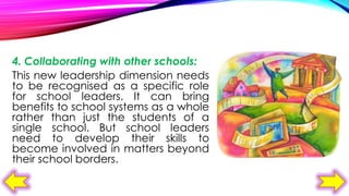 4. Collaborating with other schools:
This new leadership dimension needs
to be recognised as a specific role
for school leaders. It can bring
benefits to school systems as a whole
rather than just the students of a
single school. But school leaders
need to develop their skills to
become involved in matters beyond
their school borders.

 
