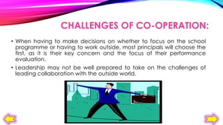 CHALLENGES OF CO-OPERATION:
• When having to make decisions on whether to focus on the school
programme or having to work outside, most principals will choose the
first, as it is their key concern and the focus of their performance
evaluation.
• Leadership may not be well prepared to take on the challenges of
leading collaboration with the outside world.

 