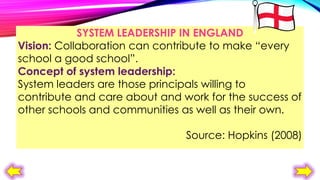 SYSTEM LEADERSHIP IN ENGLAND
Vision: Collaboration can contribute to make “every
school a good school”.
Concept of system leadership:
System leaders are those principals willing to
contribute and care about and work for the success of
other schools and communities as well as their own.
Source: Hopkins (2008)

 