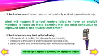 • School autonomy – if alone, does not automatically lead to improved leadership.

What will happen if school leaders failed to have an explicit
mandate to focus on those domains that are most conducive to
improved school and student outcomes?
• School autonomy may lead to the following:
• role overload, by making the job more time-consuming;
• increasing administrative and managerial workloads and;
• deflecting time and attention away from instructional leadership.

Provide higher degrees of autonomy with appropriate support

 